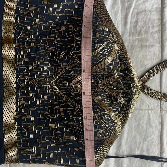 NWT Alyce Paris 60043 Gold Beaded Halter Chiffon Maxi Dress 6 Navy Prom Neutral - Picture 8 of 11